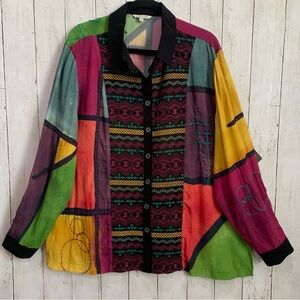 John Mark  1X Embroidered Patch Print Button  Roll Tab Sleeve Boho Artsy  Shirt